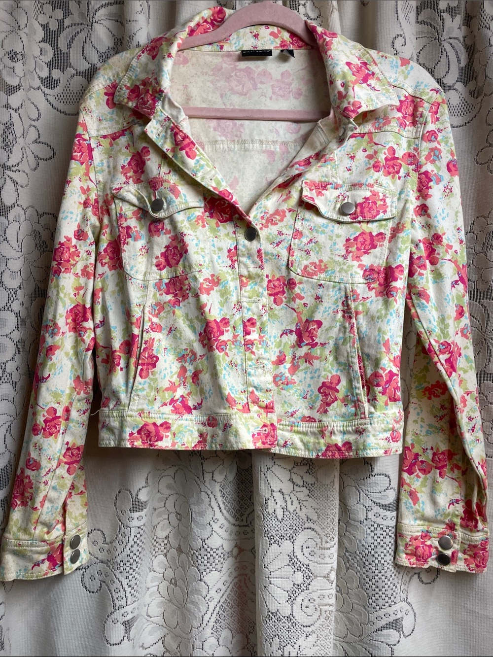 Willi Smith Pink & White Floral Denim Jacket Size Medium Multi Pockets